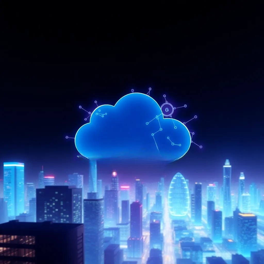 A dynamic and vibrant image representing the power and scalability of Google Cloud Platform, featuring a cloud icon with digital connections and a futuristic cityscape